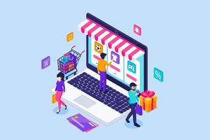 People are shopping online and buying things in an online store via a giant laptop. Online shopping concept. Isometric Vector Illustration