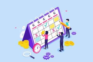 la gente de negocios está completando el horario de trabajo en un calendario gigante ... horario de planificación de trabajo y negocios, rutina diaria y concepto de gestión del tiempo. ilustración vectorial isométrica vector