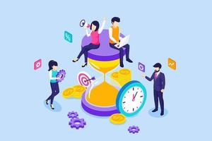 Business people characters are working near a giant hourglass. Effective business work scheduling and Time Planning. Time Management concept. isometric vector illustration