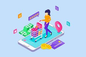 A young woman is shopping online and carrying a shopping cart on a giant smartphone. Mobile shopping concept. Isometric Vector Illustration