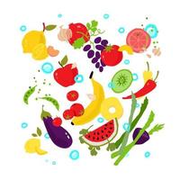ilustraciones de verduras y frutas. vector. patrón de productos ecológicos. iconos para un menú de bar de batidos o café vegetariano. estilo plano, todos los elementos están aislados en un fondo blanco. vector