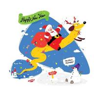 Lovely Santa Claus on a yellow dog. Chinese New Year and Christmas. Vector illustration isolated on white background. Suitable for printing and the web.