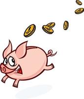 Piggy bank with coins. Vector flat illustration of a running pig. Image is isolated on white background. Ready for printing, web and animation. A cute character is a mascot for the company.