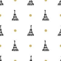 seamless  christmas festive pattern background with line art pine tree and gold dot glitter vector