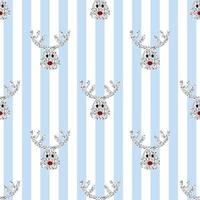 seamless  christmas festive pattern on blue stripe background with silver glitter cute reindeer cartoon face vector