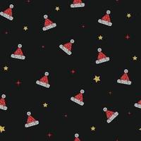 seamless  christmas festive pattern background with red glitter cute santa hat and glitter star vector