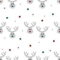 seamless  christmas festive pattern background with silver glitter cute reindeer cartoon face and multicolour glitter elements vector