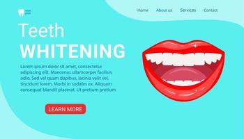 Teeth whitening. A smiling mouth with healthy, white, shiny teeth. Design template for the landing page of the dental clinic website. Cosmetic dentistry. Vector illustration on a blue background.