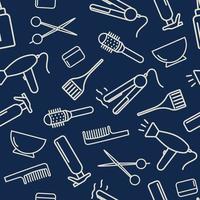 Professional hairdressing tools of the barber shop salon. Seamless vector pattern. Icons haircut, Perm, coloring, straightening hair. White outline on a blue background. Design for banners, printing.