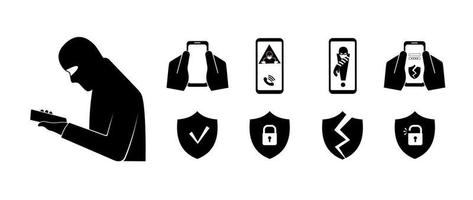 Phone fraud. Hacking the protection. Hacker attack. The concept of spam data, insecure connection, online fraud and malware through fake calls, phishing, social engineering. Set of vector icons.