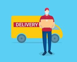 Delivery service. A courier in a medical mask holds a box with an order against the background of a cargo van. The concept of an online delivery service to your home and office. Vector illustration.