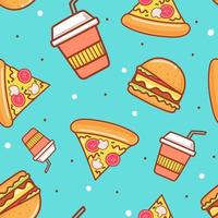 Seamless pattern food and drink, Pizza, Hamburger and drinking glass on blue pastel background vector