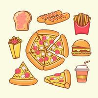 Fast food collection isolated on yellow pastel background. Vector illustration.