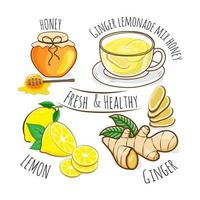 Cup of ginger with lemonade tea mix honey, ginger, lemon, honey, vector