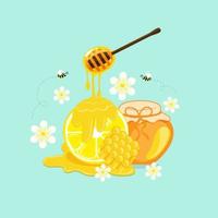 Honey is driping down in a lemon with bee and flowers on green pastel background. Vector illustration.