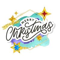 Merry Christmas text decorated with hand drawn lettering with gold stars. Greeting card design element. Vector typography.