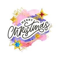 Merry Christmas text decorated with hand drawn lettering with gold stars. Greeting card design element. Vector typography.