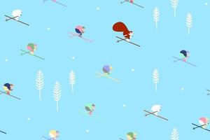 Snow skiing seamless pattern with snow suits Backdrop via flat cartoon ski riders in vector illustration for background and wallpaper