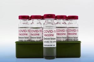 Glass vials with Covid-19 Vaccine Omicron Variant. photo