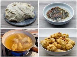 collage de fotos del italiano tradicional crispeddi calabresi ca lici. rosquillas fritas saladas con trozos de anchoas en su interior.