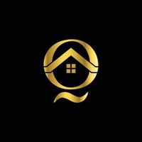 Minimalist flat logo design Vector combination of Home and Letter Q in color gold