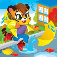 baby tiger with umbrella jumping through puddles in autumn vector