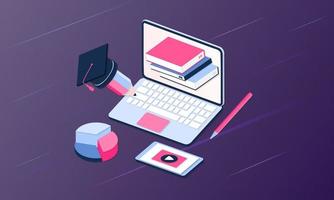 Modern 3d isometric concept of Online Education for banner website. Realistic landing page template vector illustration online learning, internet course, remote, tutorial on mobile phone application.