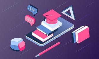 Modern 3d isometric concept of Online Education for banner website. Realistic landing page template vector illustration online learning, internet course, remote, tutorial on mobile phone application.