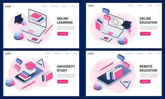 Set of modern 3d isometric concept of online education, online learning, remote education, university study for banner website. Realistic landing page template vector illustration on mobile and laptop