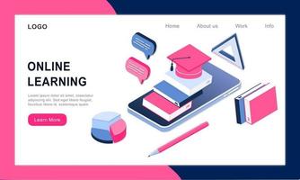 Modern 3d isometric concept of Online Education for banner website. Realistic landing page template vector illustration online learning, internet course, remote, tutorial on mobile phone application.