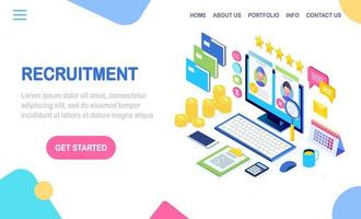 Recruitment. 3d isometric computer, laptop, pc with cv resume, folder, stars. Human Resources, HR. Hiring employees. Job interview. Vector design for banner