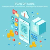 Scan QR code to phone. Mobile barcode reader, scanner with cardboard carton box, cloud, credit bank card, money. Electronic digital payment with smartphone. 3d isometric device. Vector flat design