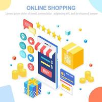 Online shopping concept. Buy in retail shop by internet. Discount sale. 3d isometric mobile phone, smartphone with money, credit card, customer review, feedback, gift box. Vector design for banner