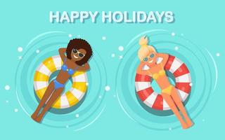 Smile woman, girl swims, tanning on air mattress in swimming pool. People floating on toy with ball isolated on water background. Inflatable circle. Summer holiday, vacation, travel Vector flat design