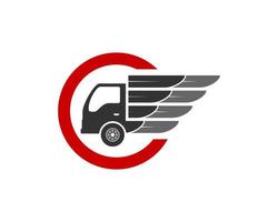 Circle shape with delivery truck and wings vector