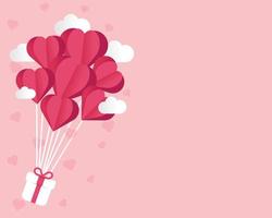 Illustration of gift box wit heart balloon floating it the sky on pink background. Happy Valentine Day banner. Paper cut art style.