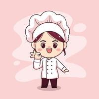 Cute and kawaii female chef with delicious sign cartoon manga chibi vector character design