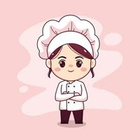 Cute and kawaii chef mujer caricatura con manos cruzadas manga chibi vector character design