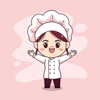 Cute and kawaii female chef with hands up cartoon manga chibi vector character design