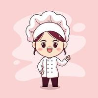 Cute and kawaii female chef with pointing finger manga chibi vector character design