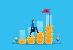 Financial increase goal, wealth management and investment plan to achieve target. Businessman step climbing money coin stack aiming to achieve target flag on top. vector