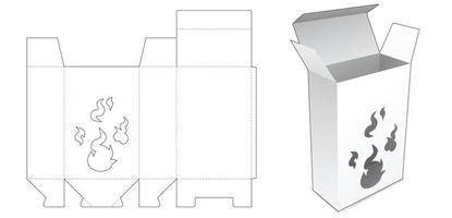 Caja de cartón con plantilla troquelada de ventana en forma de fuego vector