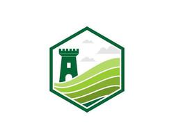 Hexagonal shape with fortress in the green farm vector