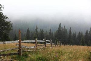 autumn meadow with a old wooden fence on a farm close up, in the Smoky Mountains on a foggy day. travel destination scenic, carpathian mountains photo