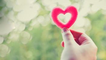 Woman holding pink heart in hands for valentines day or donate help give love warmth take care - heart on hand for philanthropy concept photo