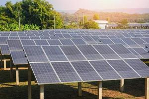 La vista de los paneles solares en la granja solar con árbol verde e iluminación solar reflejan la energía de las células solares o la energía renovable foto
