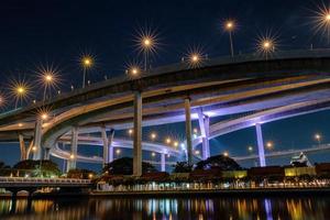 Bhumibol suspension bridge cross over Chao Phraya River in Bangkok, thailand at evening. Is one of the most beautiful bridges in Thailand. Selective focus. photo