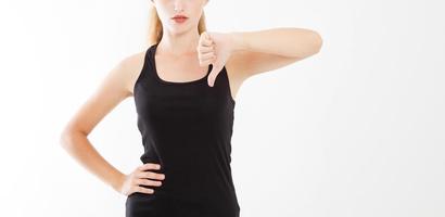 cropped portrait of young beautiful caucasian girl, woman shows dislike, isolated on white background. Copy space photo