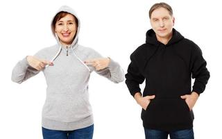 Beautiful couple in sweatshirt hoodie mock up isolated, gray and black hoodie hoody mockup blank screen photo