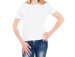 young slim woman with a beautiful body dressed in a white T-shirt on a white background photo